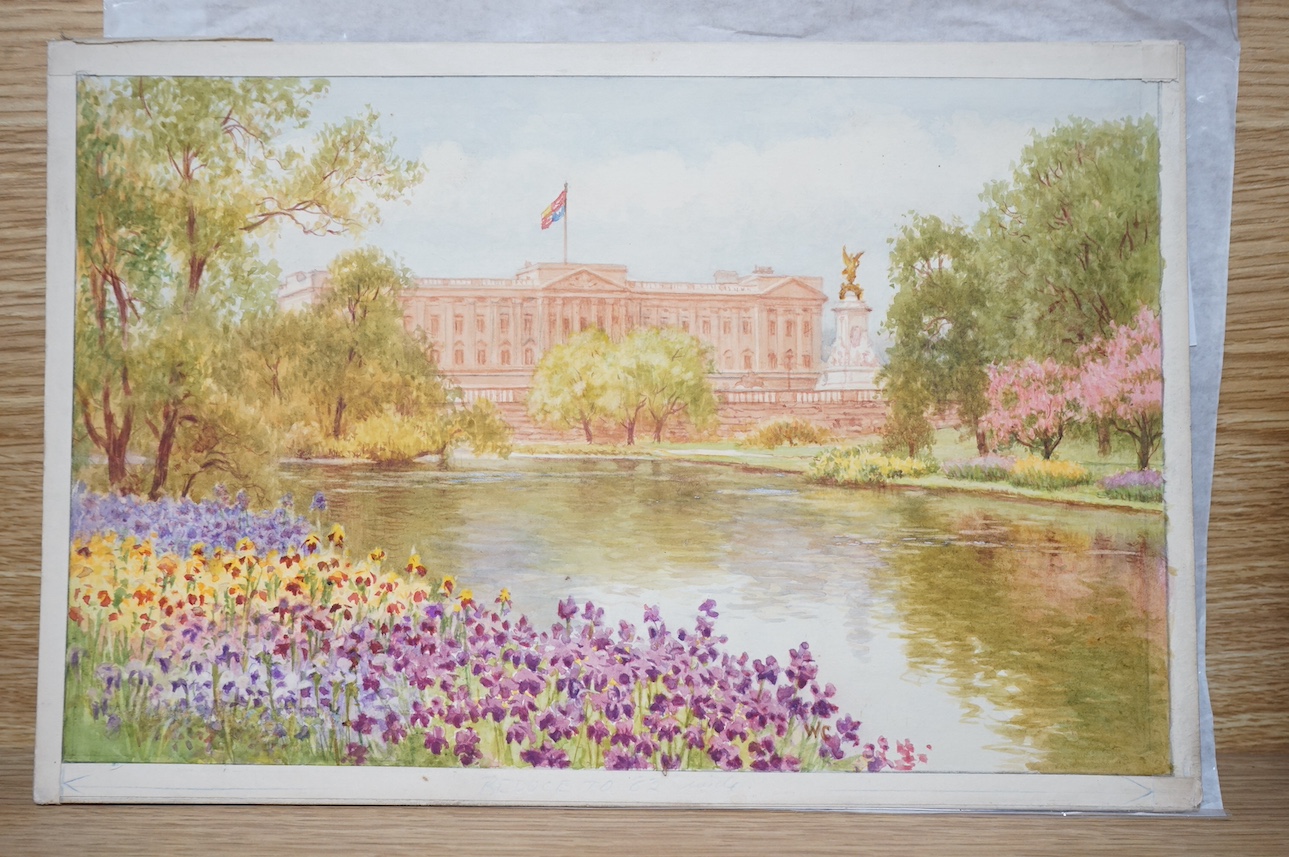 William Affleck, (Aka Carruthers, 1868-1943), a set of three original watercolours for postcard designs, London Palaces comprising; ‘The Gardens, Hampton Court’, ‘Kensington Gardens’ and ‘Buckingham Palace’, two inscribe